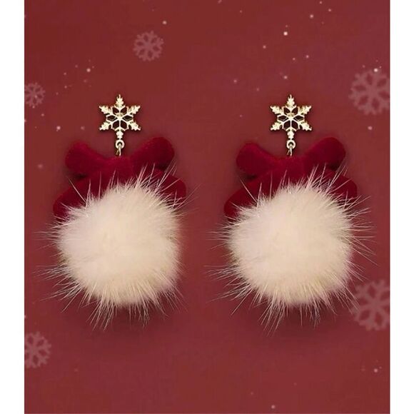 Holiday Christmas Vegan Fur Ball Red Bow Dangle Drop Earrings - Picture 5 of 8